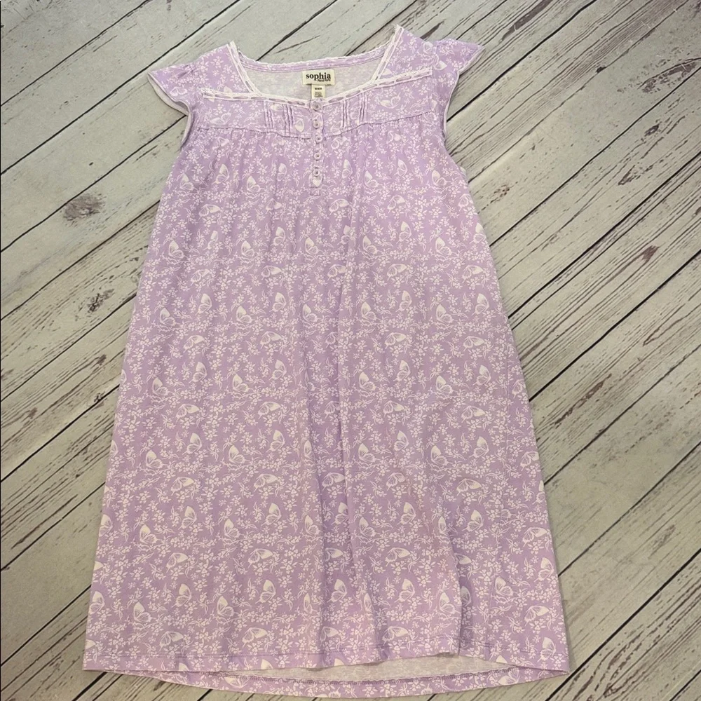 Sophia René Rofé Lavender Floral and Butterfly Short Nightgown Dress Size Medium